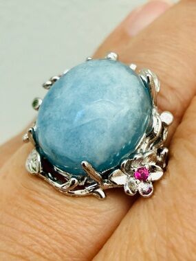 Natural Aquamarine Cab Ring Hand-Forged Antiqued Silver Tone Copper Adjustable